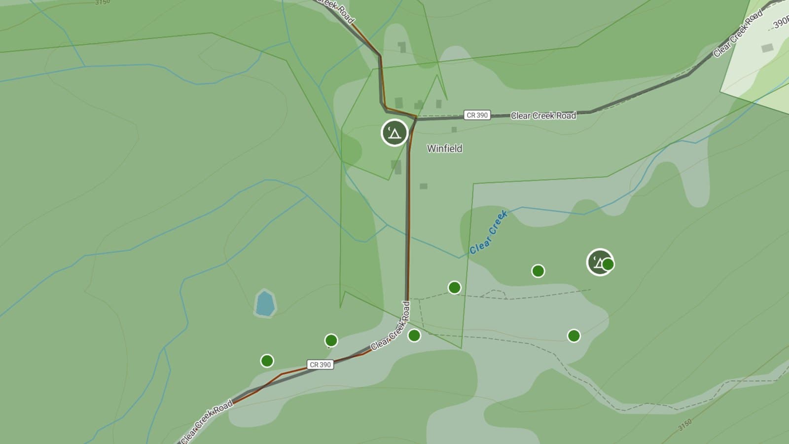 WildCamp map near Winfield, Colorado, with dispersed camping corridors and detected sites