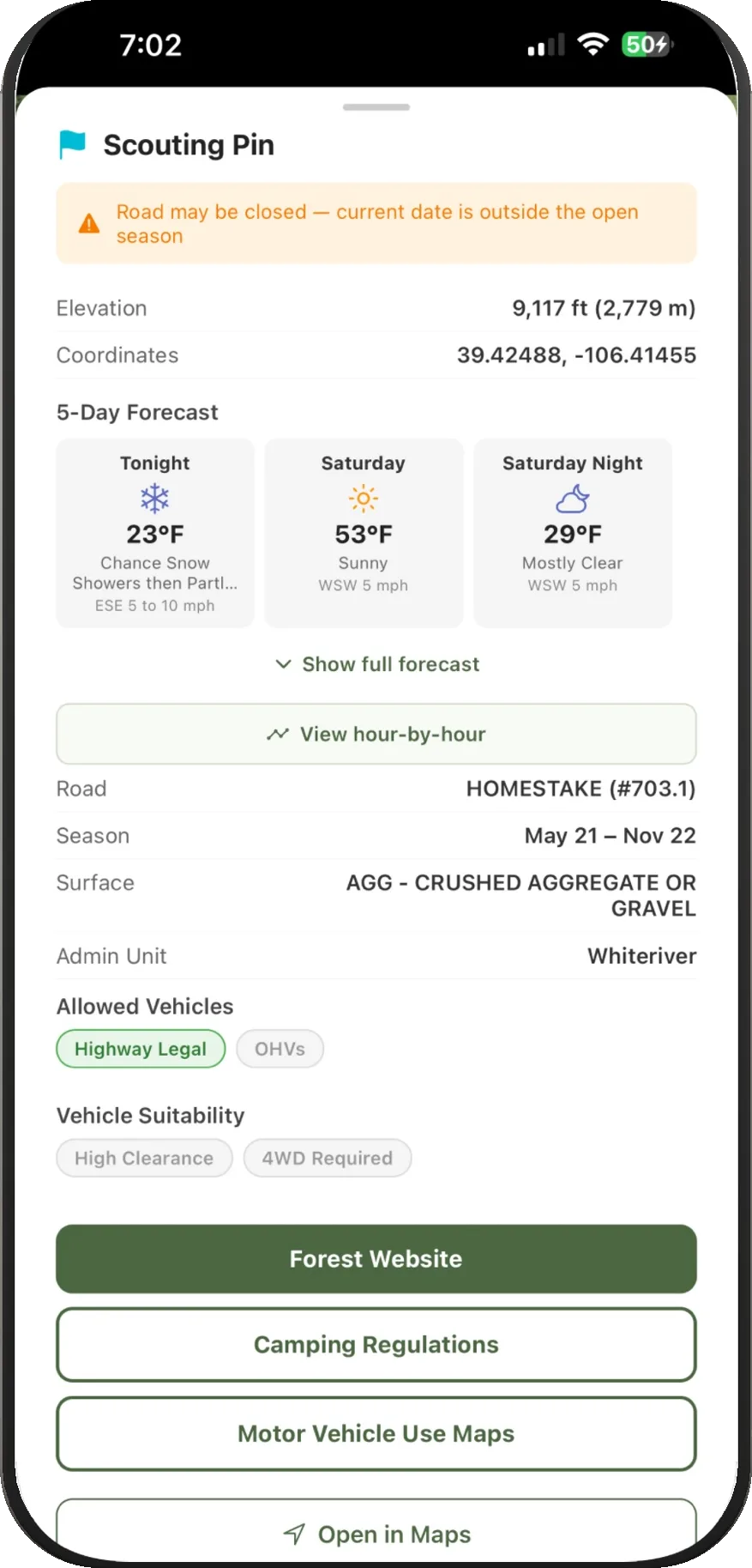 Road, season and forecast details