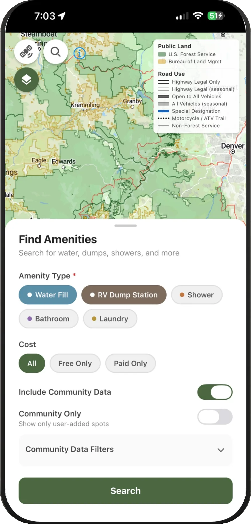 Find water, dumps and showers