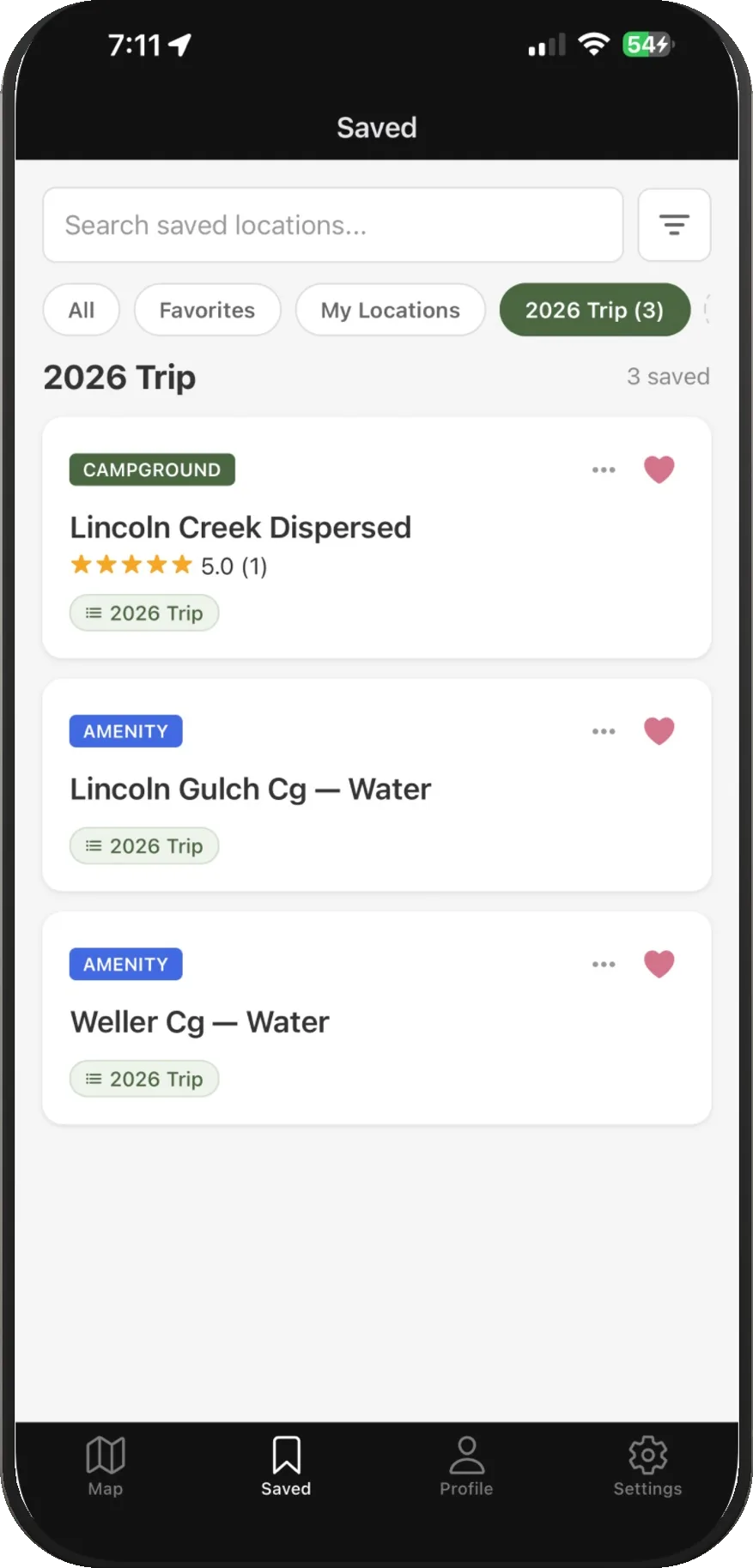 Group saved spots into lists